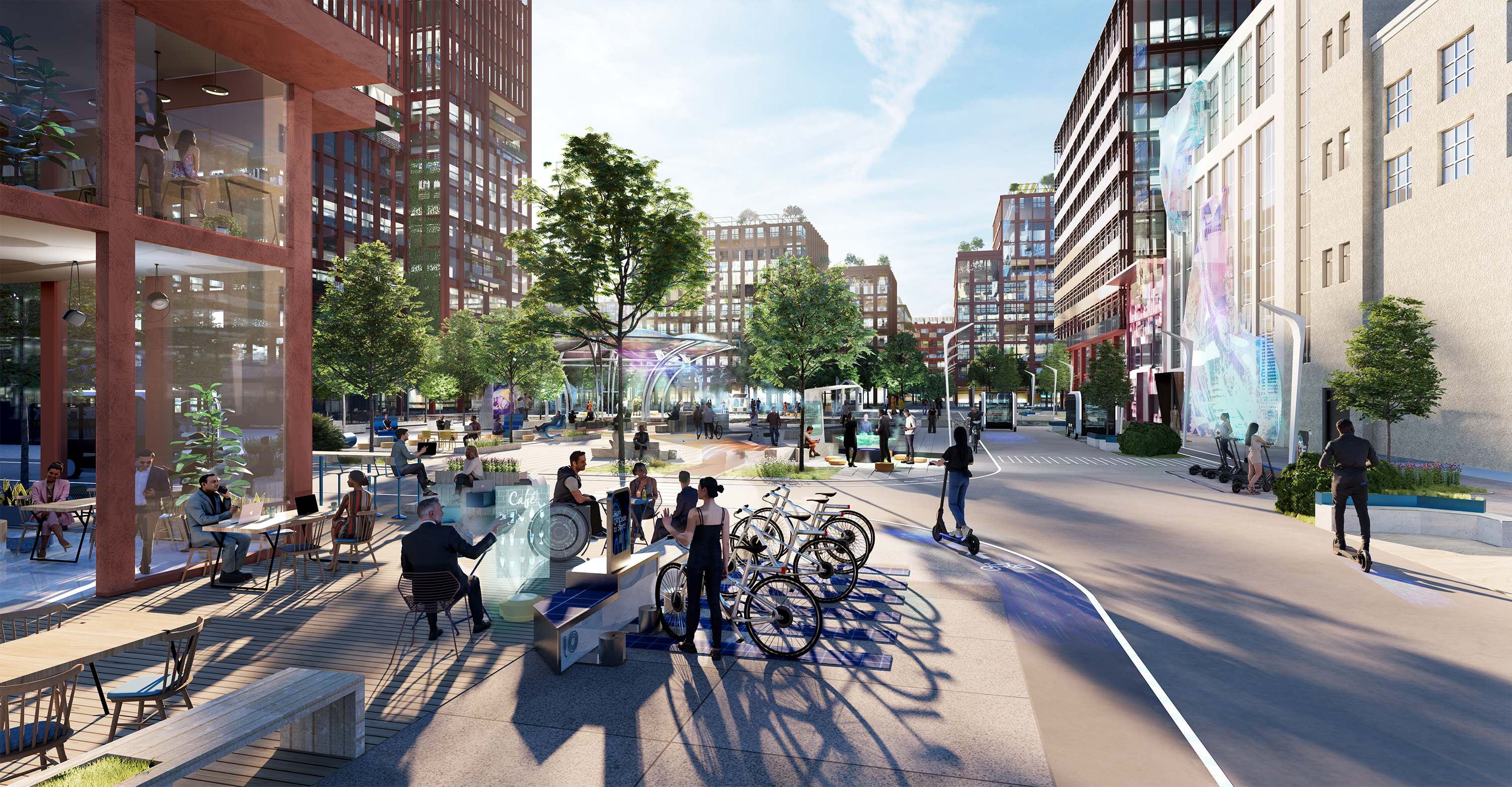 Siemensstadt Square view of the marketplace with cafe and e-charging stations for e-bikes