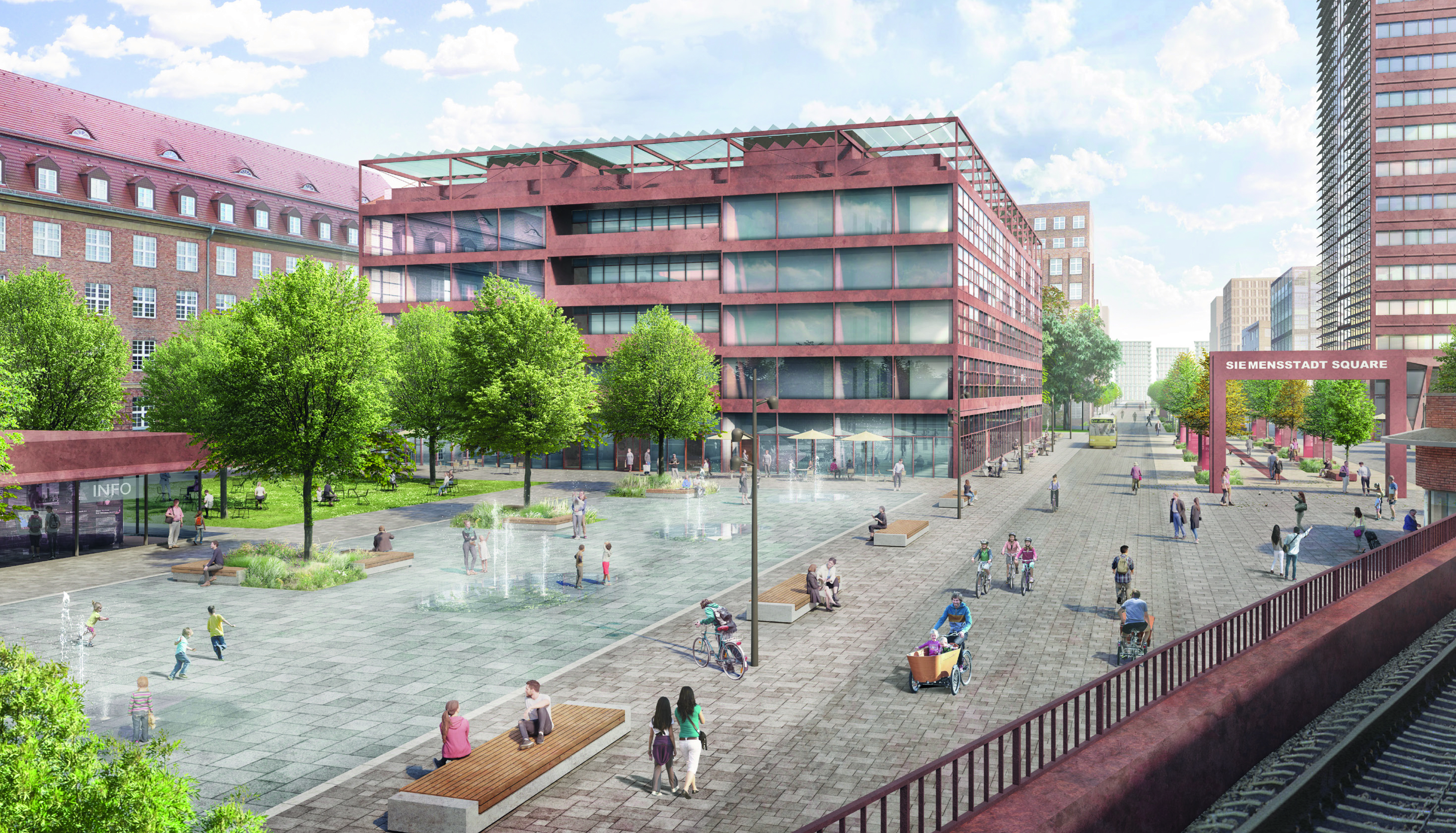 View from the S-Bahn station across the newly designed entrance area with water features and green spaces to the gateway to the &quot;Siemens-Galerie&quot;, which merges into the boulevard and leads into Siemensstadt Square.