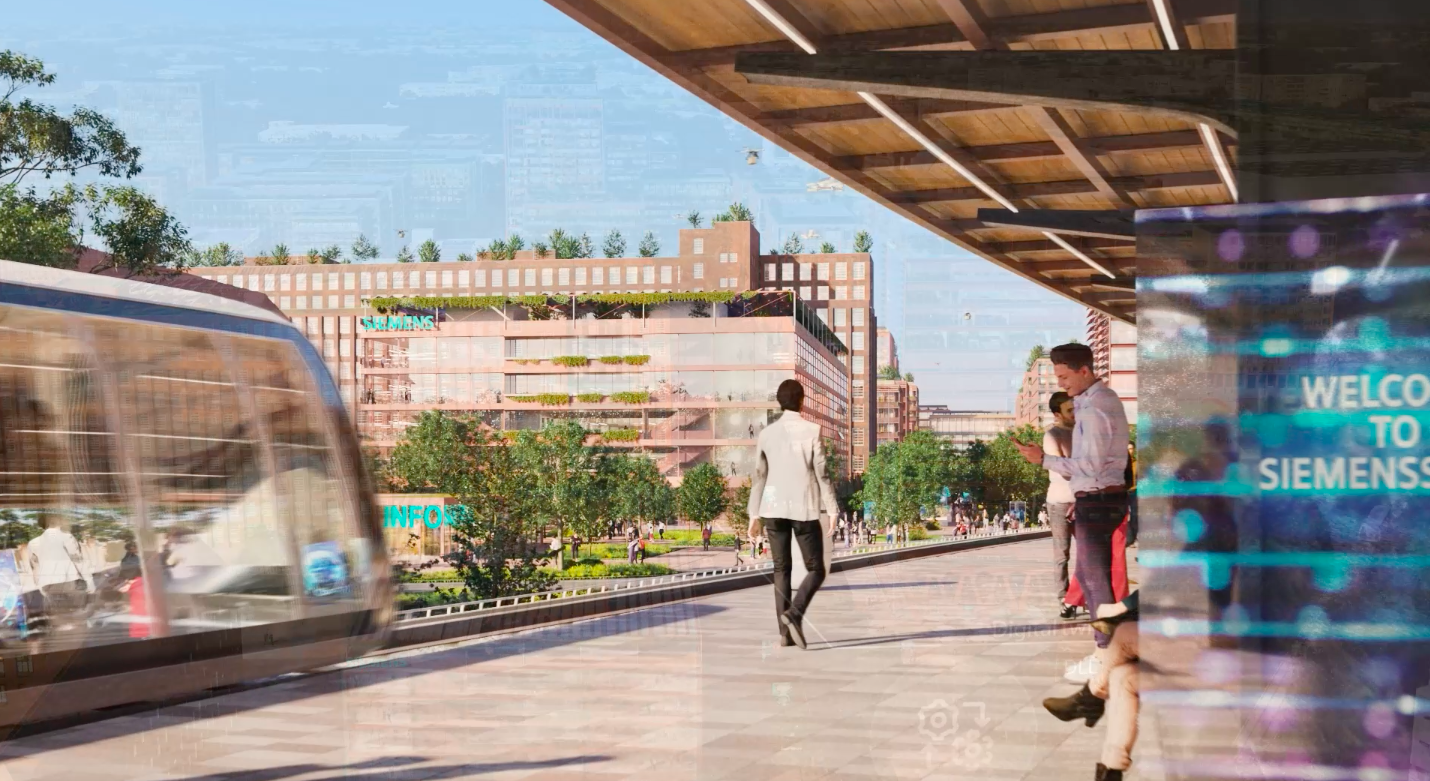 Blick vom neuen Bahnhof der Siemensstadt auf den Eingangsbereich des Areals.