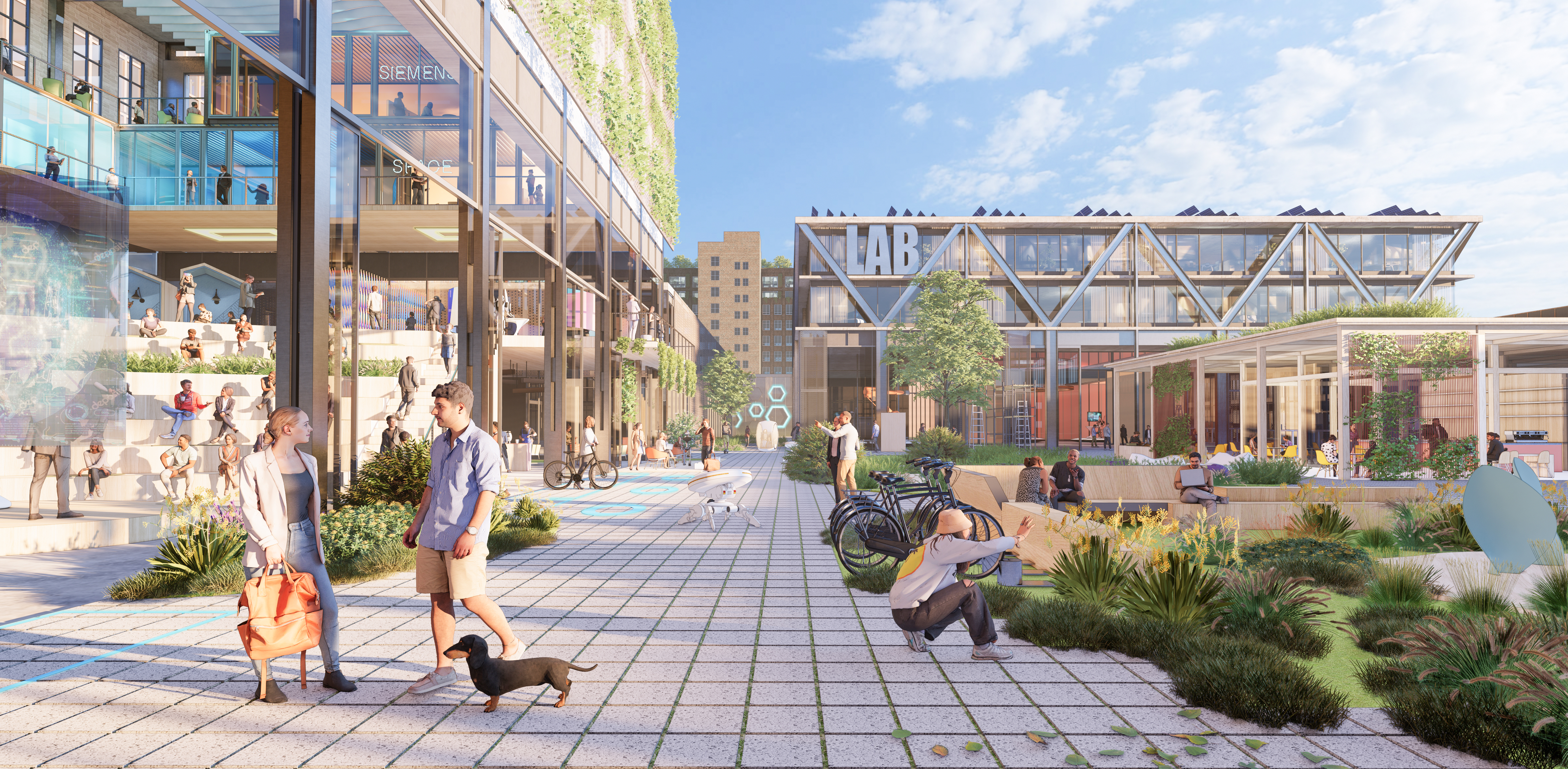 People and animals in the center of the new Siemensstadt Square.