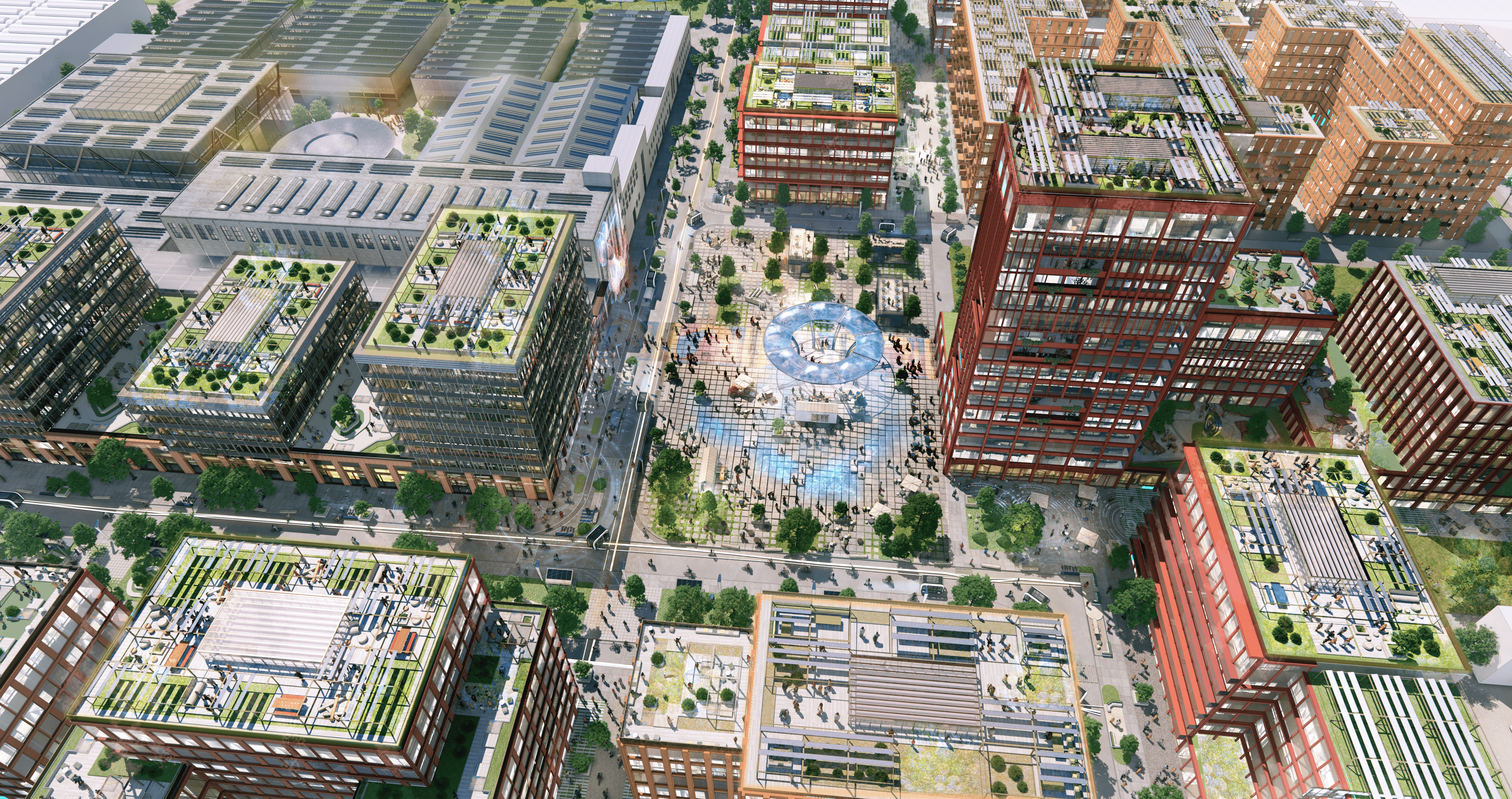 Vogelperspektive des Marktplatzes innerhalb der Siemensstadt Square in Berlin