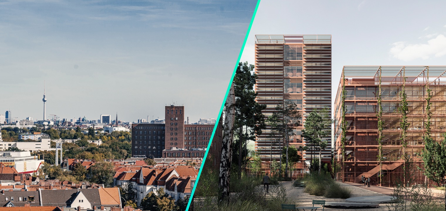Vergleich zwischen einer Live-Aufnahme von Siemensstadt und einem Rendering des zukünftigen Aussehens