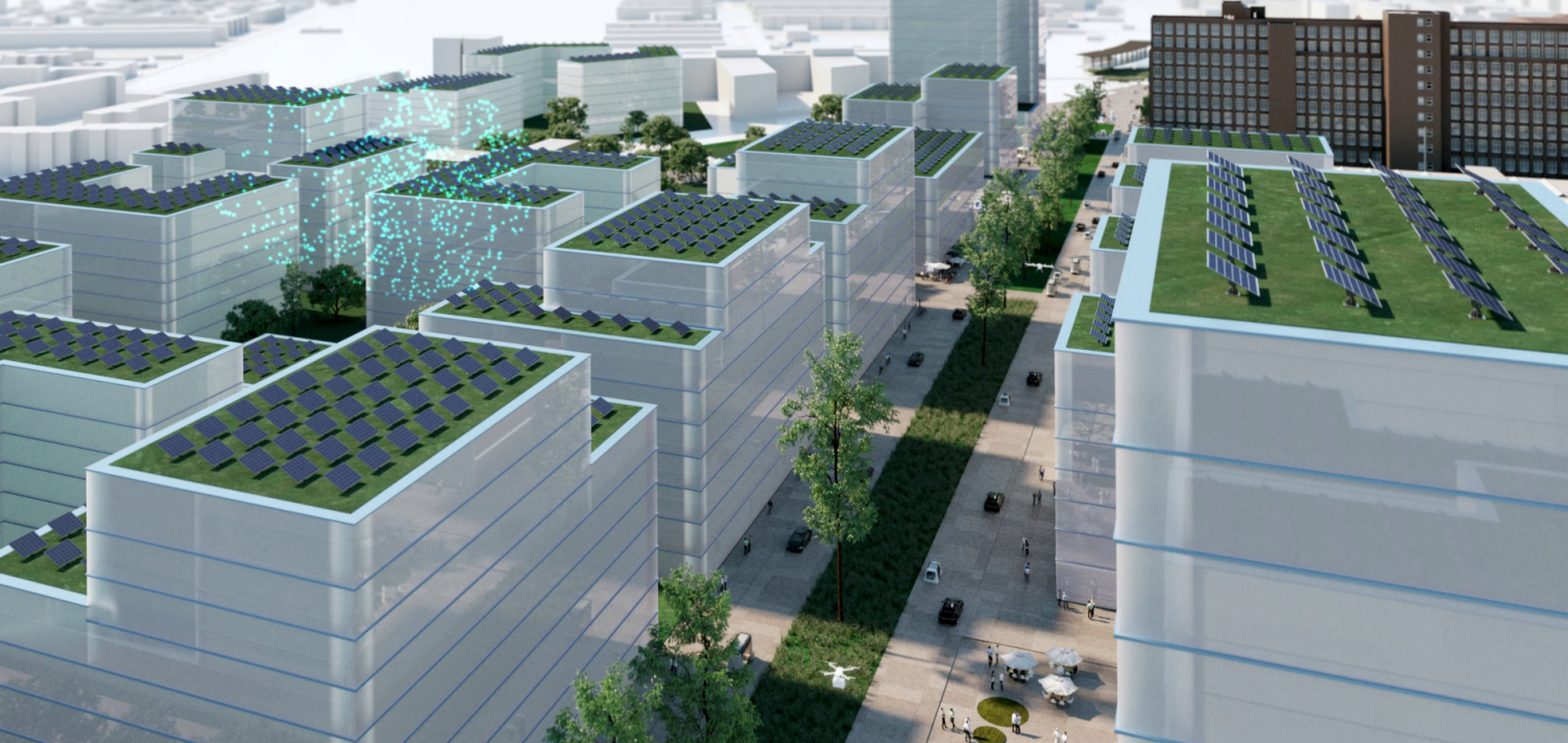 Blick auf die vielen Solardächer der zukünftigen Siemensstadt.