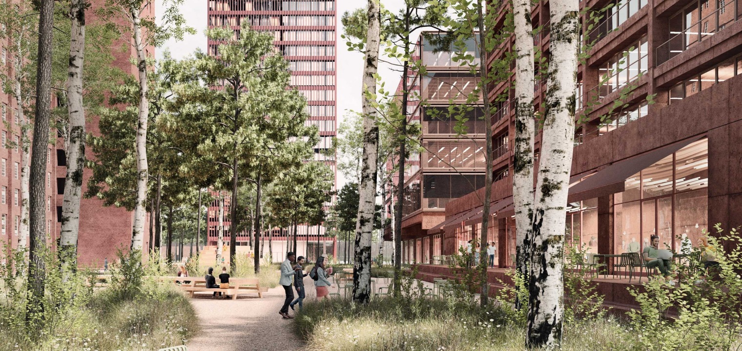 Rendering of the new Look of Siemensstadt Square with green nature between modern architecture