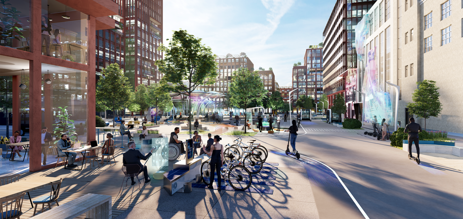 Siemensstadt Square view of the marketplace with cafe and e-charging stations for e-bikes