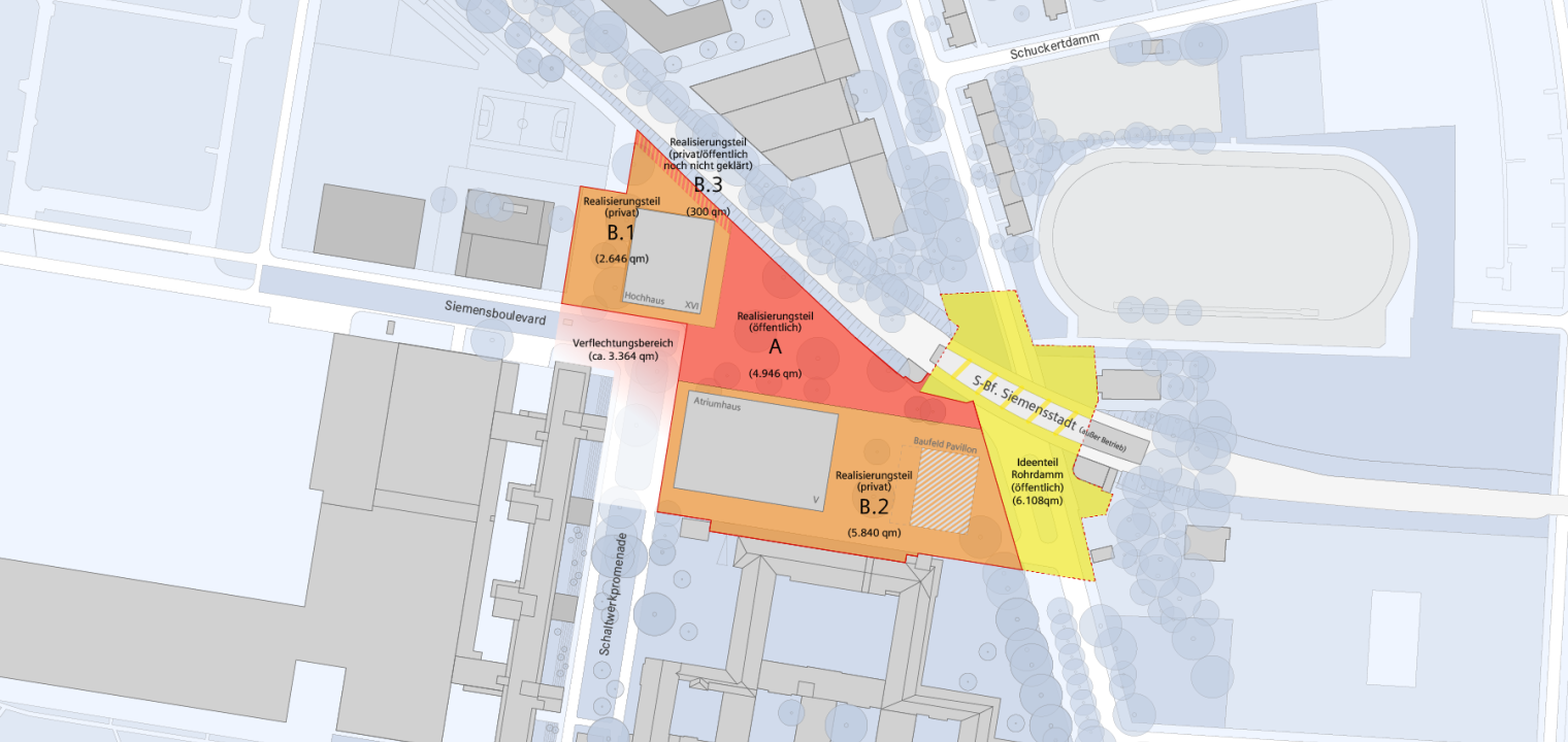 Competition area: The ideas part (yellow) and the implementation part (red and orange) are the areas that will be publicly usable in the future and in whose design the citizens can participate.