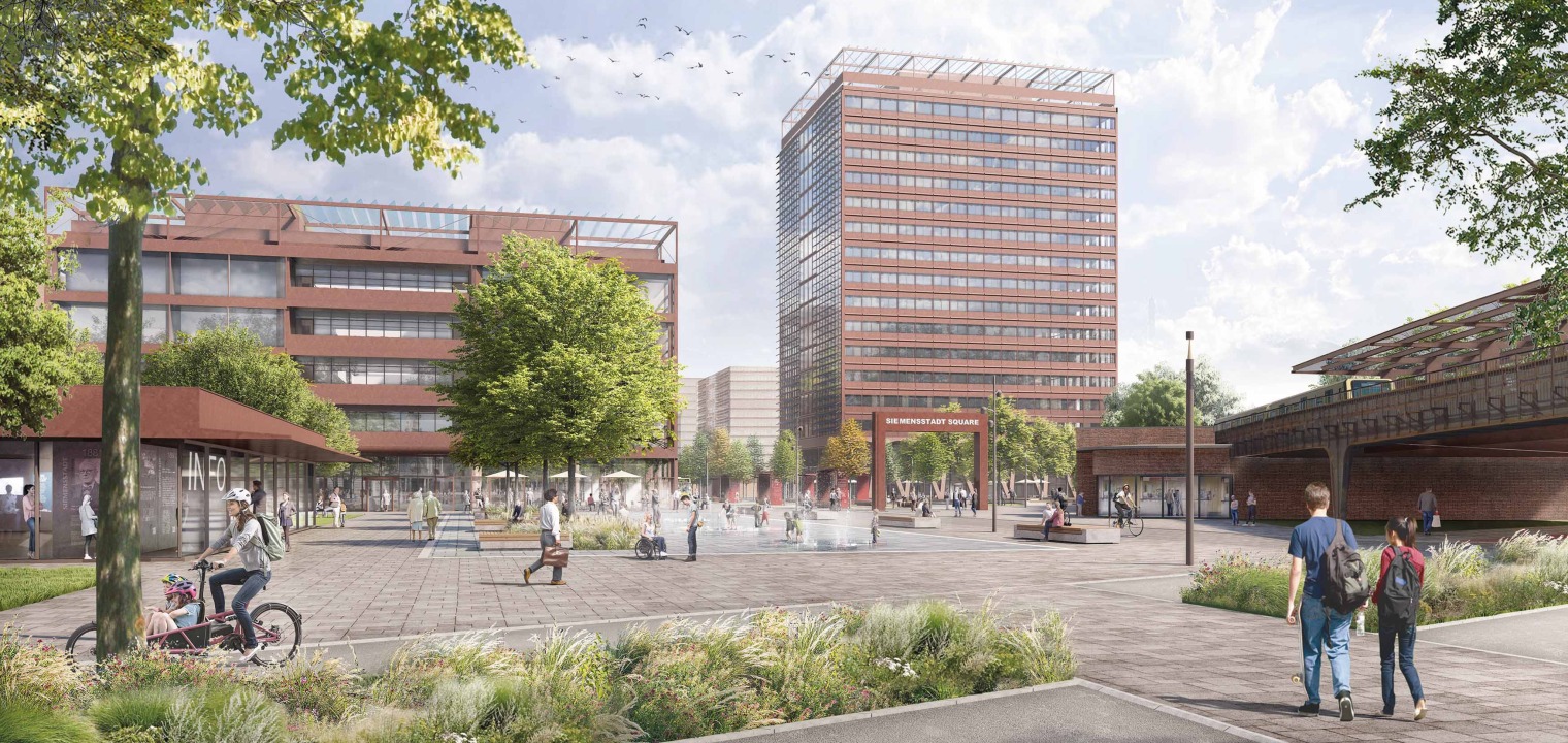 The new entrance area: Spacious open and green spaces as well as water features invite visitors to linger. On the left is the information pavilion, on the right the gate to the "Siemens Gallery," which leads into Siemensstadt Square.