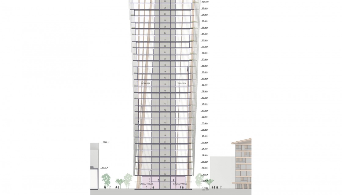 Entwurf von Van Berkel, seitliche Ansicht des Turms der neuen Siemensstadt 2.0