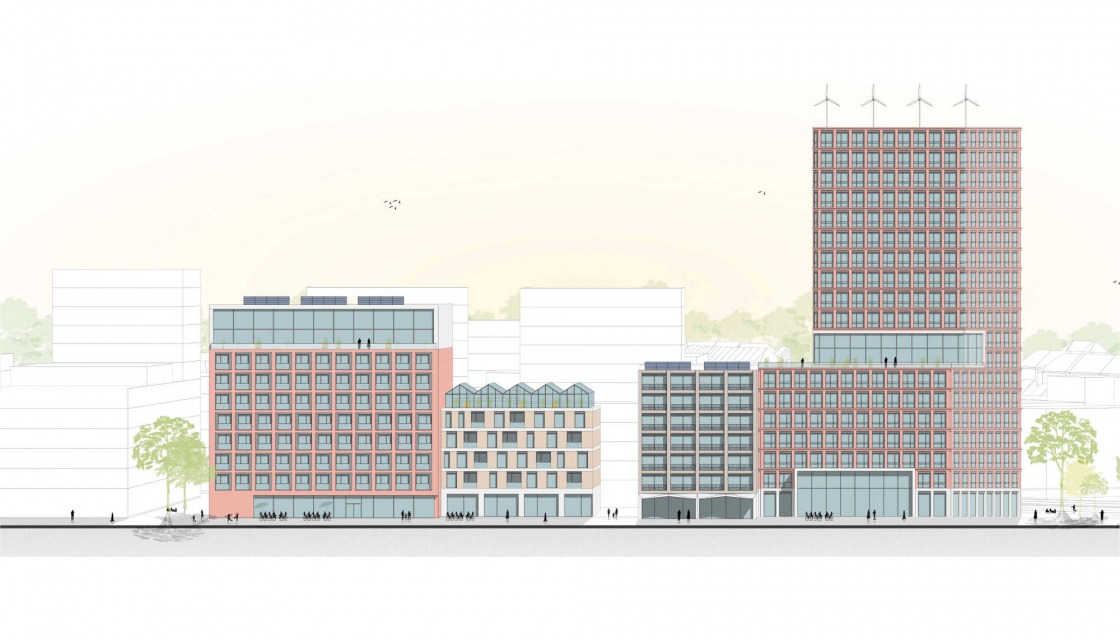 Entwurf von ASTOC, seitliche Ansicht auf die neue Siemensstadt 2.0