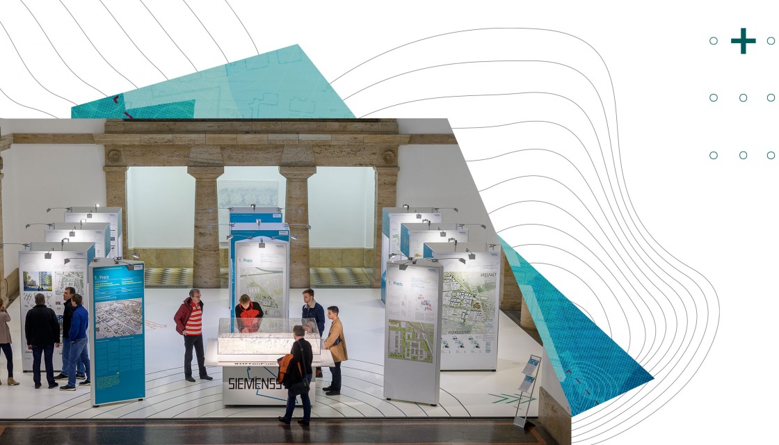 Blick auf die Mosaikhalle in Berlin und die Ausstellung zum städtebaulichen Wettbewerb der Siemensstadt 2.0