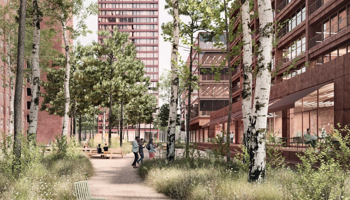 Rendering des neuen Looks von Siemensstadt² mit grüner Natur zwischen moderner Architektur