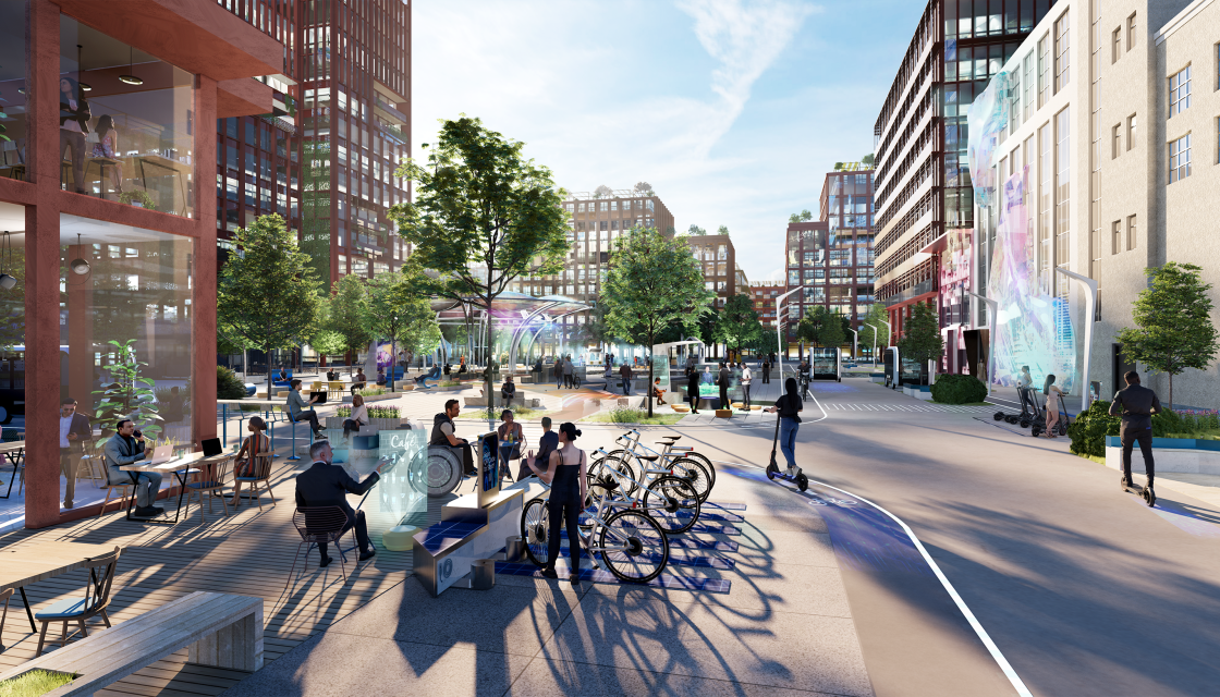 Siemensstadt Square view of the marketplace with cafe and e-charging stations for e-bikes