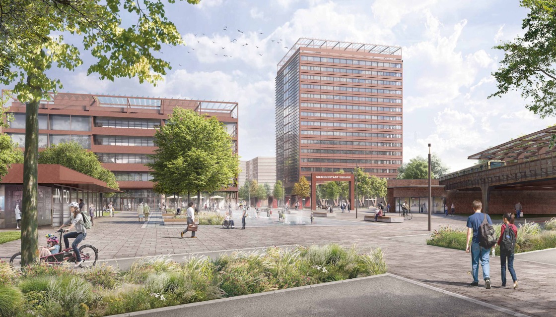 The new entrance area: Spacious open and green spaces as well as water features invite visitors to linger. On the left is the information pavilion, on the right the gate to the &quot;Siemens Gallery,&quot; which leads into Siemensstadt Square.