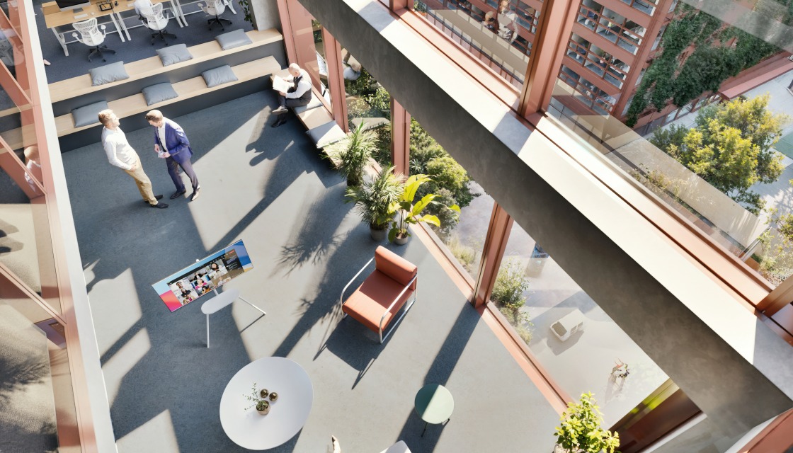 Office space with a special flair: Floors 3-4, 8-9, and 13-14 are connected by a light-flooded atrium that serves as an open meeting place.