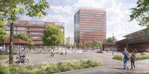 The new entrance area: Spacious open and green spaces as well as water features invite visitors to linger. On the left is the information pavilion, on the right the gate to the &quot;Siemens Gallery,&quot; which leads into Siemensstadt Square.