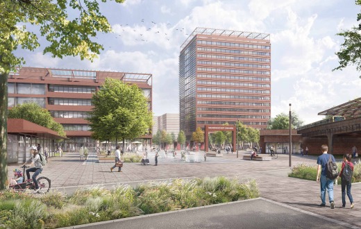 The new entrance area: Spacious open and green spaces as well as water features invite visitors to linger. On the left is the information pavilion, on the right the gate to the &quot;Siemens Gallery,&quot; which leads into Siemensstadt Square.