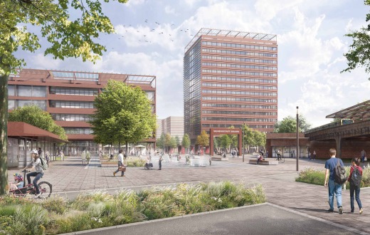 The new entrance area: Spacious open and green spaces as well as water features invite visitors to linger. On the left is the information pavilion, on the right the gate to the &quot;Siemens Gallery,&quot; which leads into Siemensstadt Square.