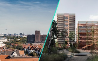 Comparison of a live shot of Siemensstadt and a rendering of the future look