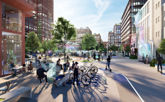 Siemensstadt Square view of the marketplace with cafe and e-charging stations for e-bikes
