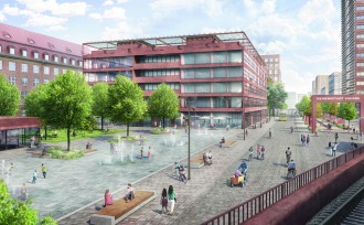 View from the S-Bahn station across the newly designed entrance area with water features and green spaces to the gateway to the "Siemens-Galerie", which merges into the boulevard and leads into Siemensstadt Square.