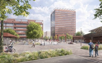 The new entrance area: Spacious open and green spaces as well as water features invite visitors to linger. On the left is the information pavilion, on the right the gate to the "Siemens Gallery," which leads into Siemensstadt Square.