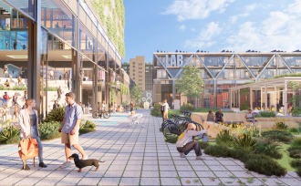 People and animals in the center of the new Siemensstadt Square.